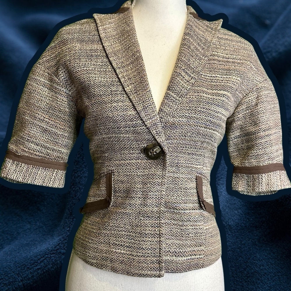 BCBGMaxAzria Brown 100% Silk Tweed Puffed Short-Sleeve Single-Button Blazer XXS